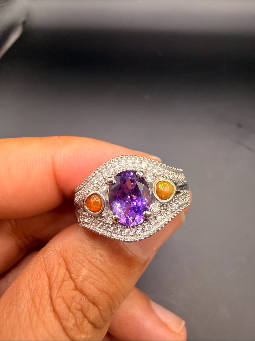 925 Sterling Silver Amethyst Topaz & Opal Ring Size 10.